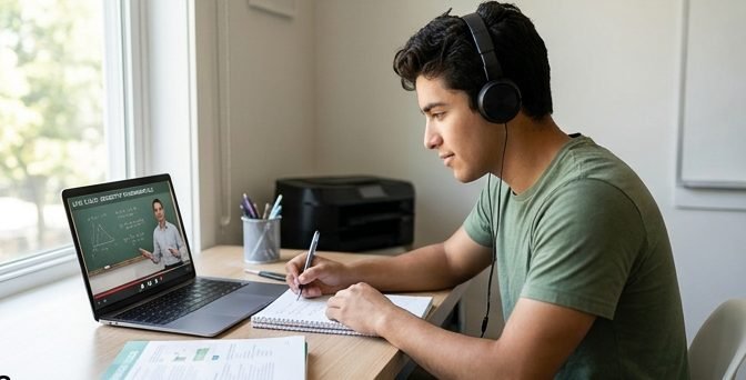 A candidate preparing for the Series 7 exam with a laptop and headphones
