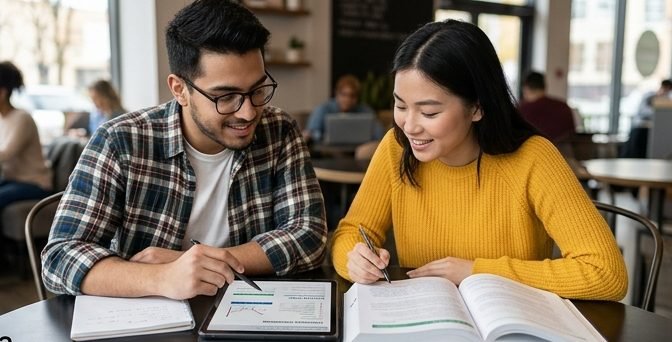 Two students preparing together for their FINRA and NASAA securities licensing exams with Passing Rate