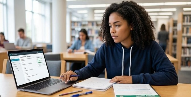 A student taking an SIE practice exam on a laptop in a library